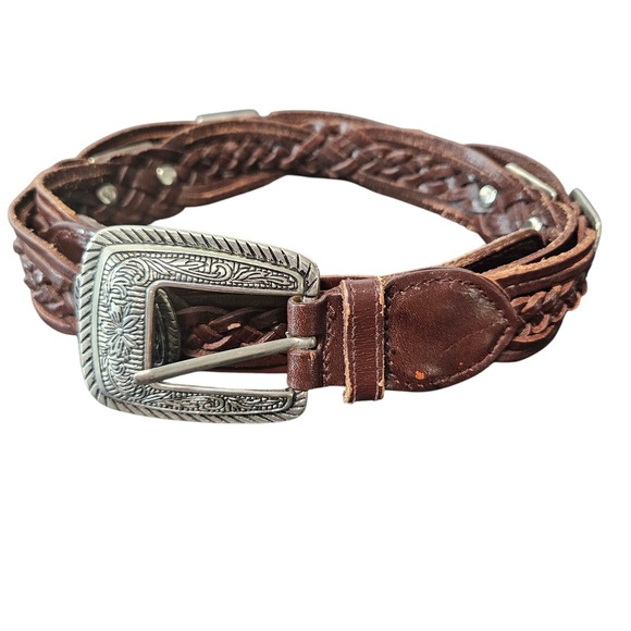 Unbranded Accessories - Brown Braided Genuine Leather Western Belt Silver Floral Conchos Buckle Women's